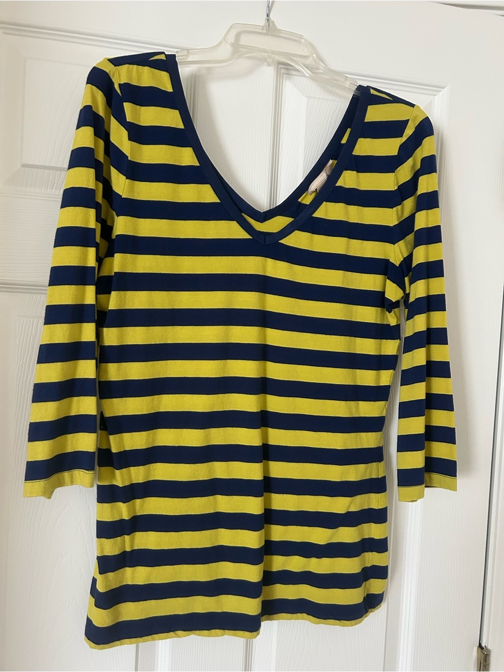 Banana Republic Navy and Yellow Striped V-Neck Long Sleeve Tee